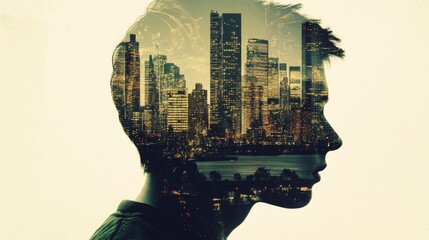 A surreal double-exposure image combining a person's face with a city skyline