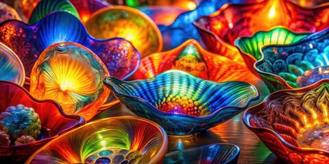 Obraz premium A vibrant collection of iridescent glass bowls, each a unique symphony of color and texture, showcasing the artistry of blown glass