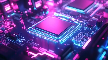 Obraz premium Close-up of a glowing pink and blue central processing unit (CPU) on a circuit board.