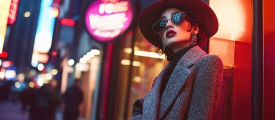 Obraz premium Stylish woman in hat and sunglasses poses on a city street at night.
