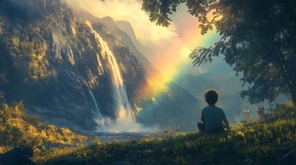 Fototapeta premium A child sitting in their tent, captivated by a colorful rainbow arching over a cascading waterfall surrounded by vibrant greenery, soft morning light, cinematic detail,