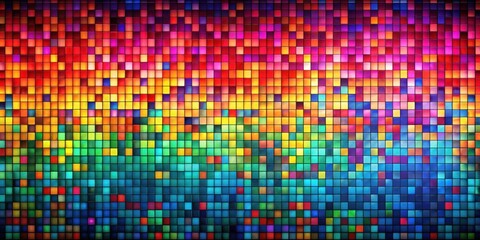 A vibrant and colorful mosaic of squares arranged in a gradient pattern, showcasing a spectrum of hues from warm reds to cool blues.