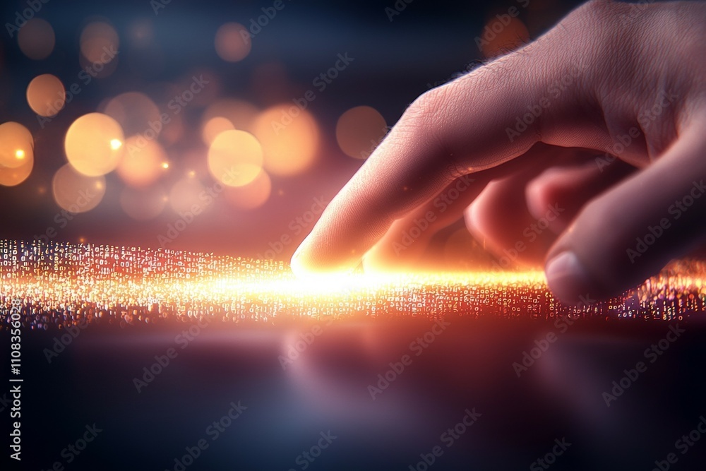 Poster human touch illuminating digital interface with bokeh lights