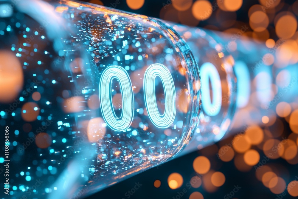 Poster futuristic digital tunnel with glowing lights and binary code