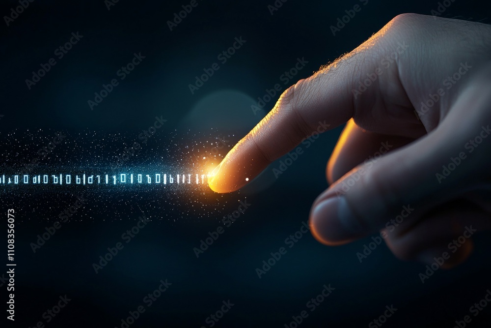 Aufkleber human touch interacting with digital code in a futuristic interface concept