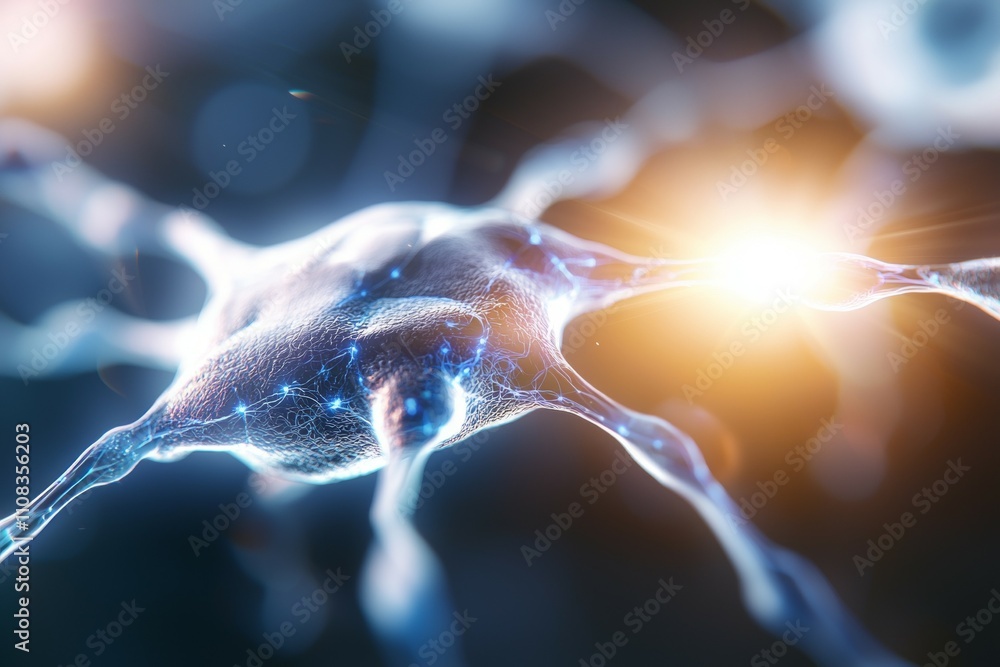 Poster neural network connections with glowing synapse in focus