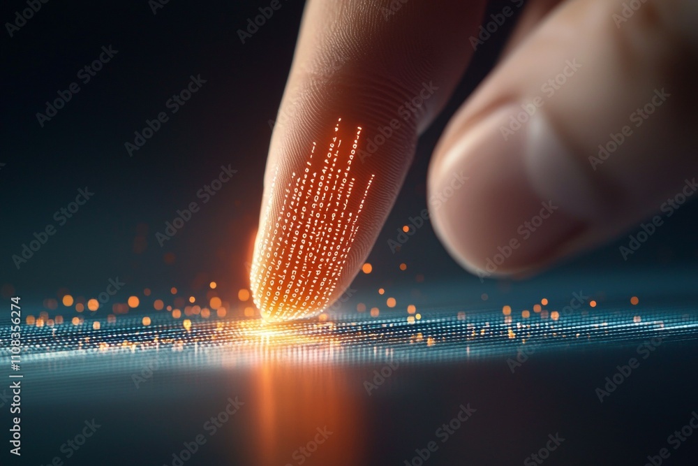 Poster human finger touching digital interface with glowing data points