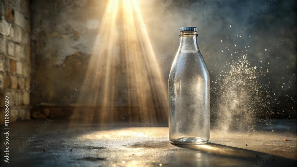 Poster a clear glass bottle with a metal lid is on a concrete surface with a light beam shining through it.