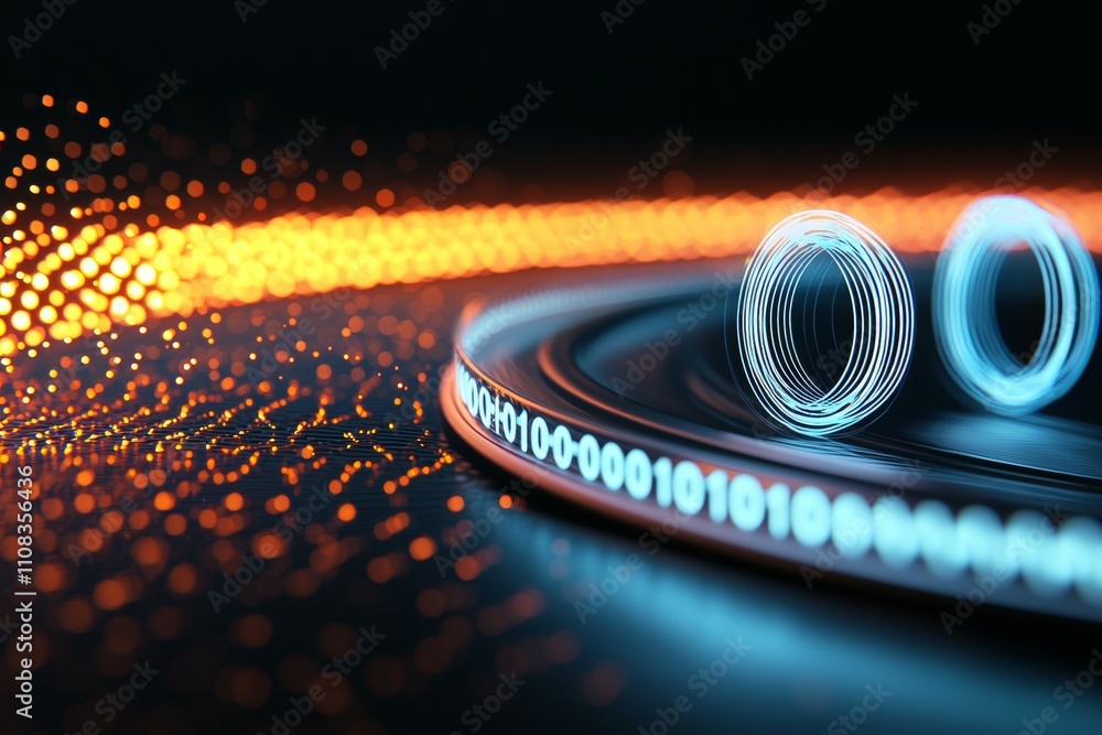 Poster futuristic neon light rings and binary code design