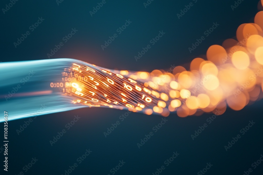 Aufkleber glowing fiber optic cable with binary code and light bokeh effects