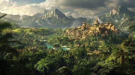 A tropical city with lush greenery and mountains in the backdrop