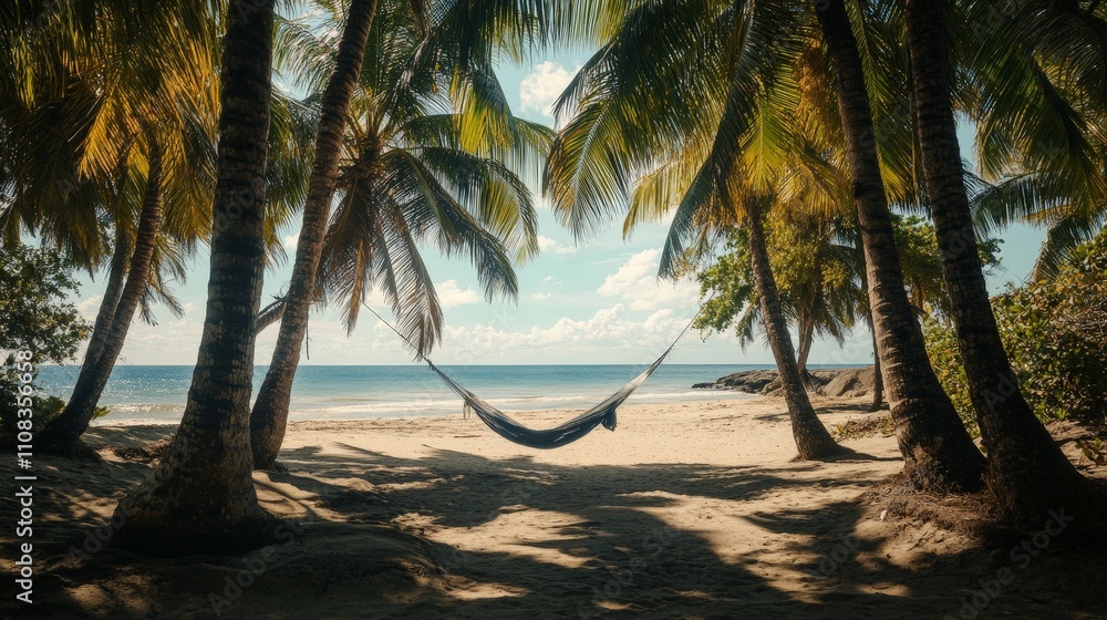 Poster a tropical summer beach with palm trees swaying in the breeze and a hammock tied between two trunks