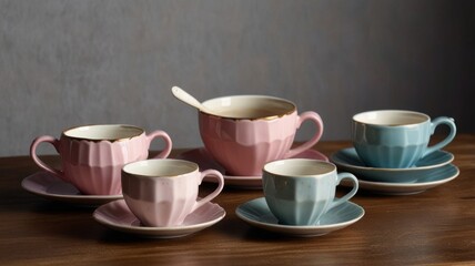 Fototapeta premium Pink and blue teacups and saucers on wooden table.