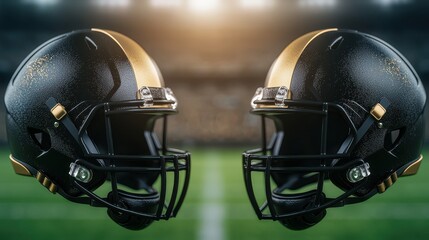 Naklejka premium American Football Helmets Black Gold Stadium Background Sports Game Competition