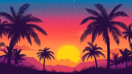 A tropical summer sunset with palm trees silhouetted against a vibrant sky