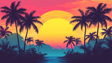 Obraz premium A tropical summer sunset with palm trees silhouetted against a vibrant sky
