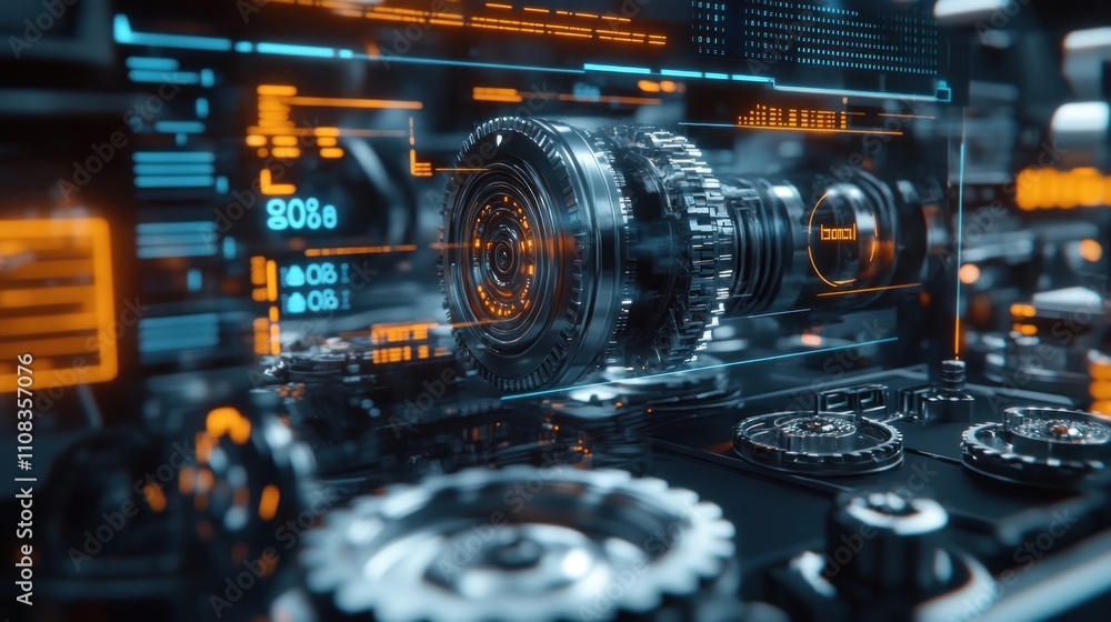Poster futuristic digital interface displaying a detailed 3d model of intricate machinery, showcasing gears