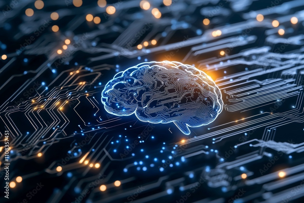 Poster futuristic digital brain on circuit board background representing artificial intelligence