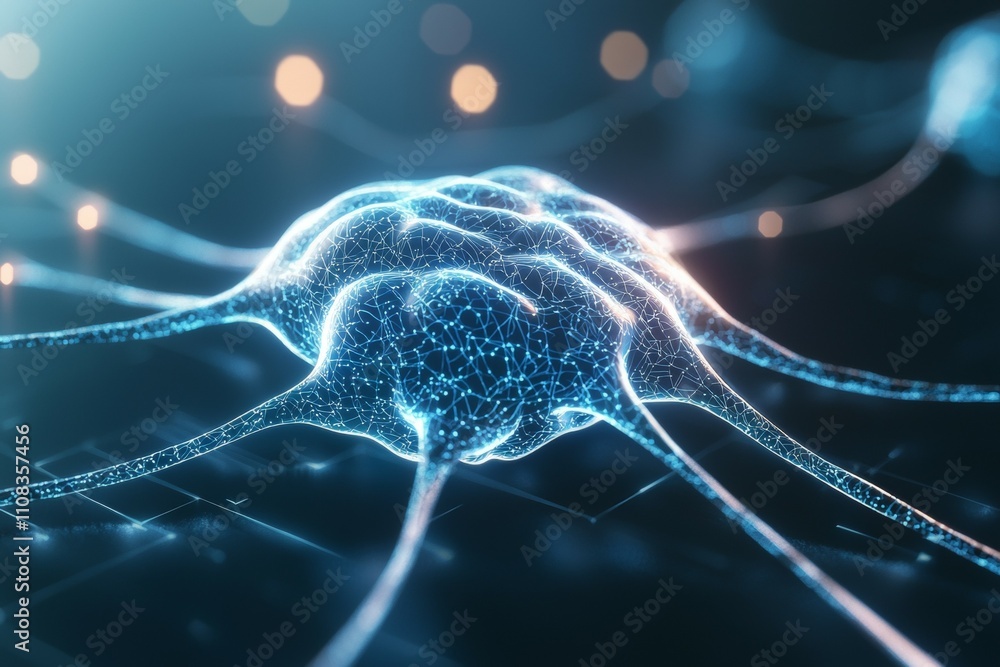 Poster futuristic neural network visualization with glowing connections and digital grid