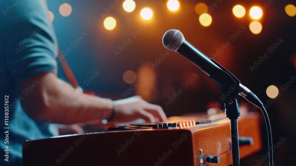 Poster musician playing keyboard on stage with microphone and blurred colorful lights in background