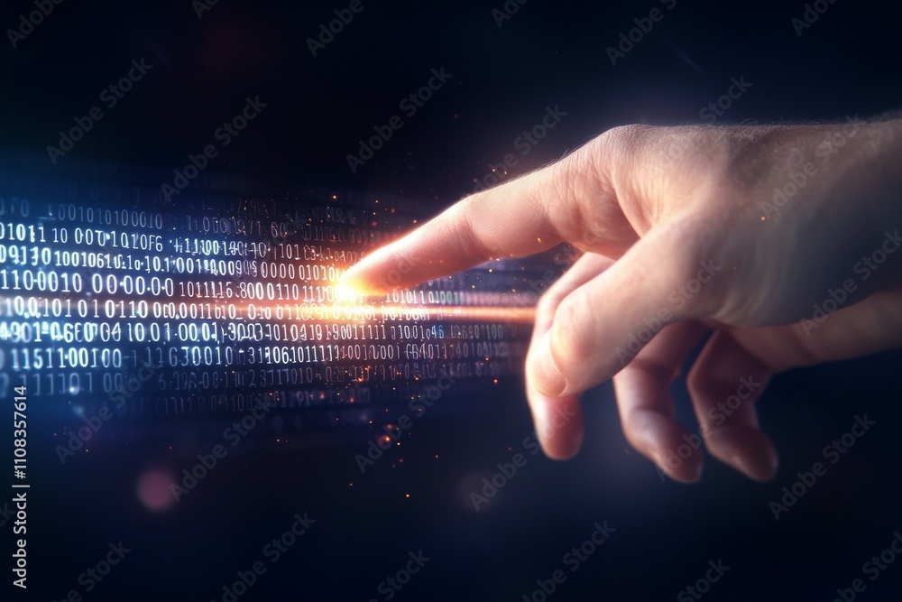 Poster caucasian male hand interacting with digital binary code stream in dark environment