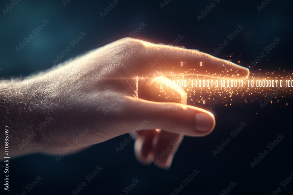 Poster futuristic caucasian male hand touching binary code in digital space