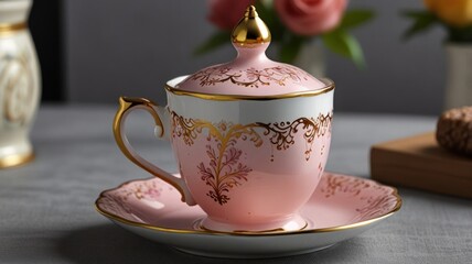 Fototapeta premium Elegant pink porcelain teacup and saucer with gold accents and lid.