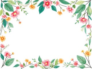 A beautiful floral frame made up of various colorful flowers and green leaves surrounding a white background, with a blank space in the middle for text or a message, design, botanical, invitation