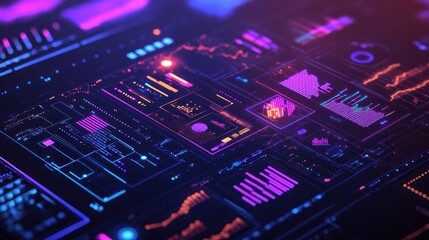 Fototapeta premium Futuristic digital interface with glowing graphs and data visualizations.