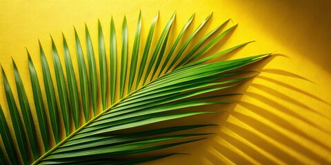 Fototapeta premium A single palm frond casts a long shadow on a bright yellow surface, showcasing the intricate details and delicate texture of the tropical leaf.