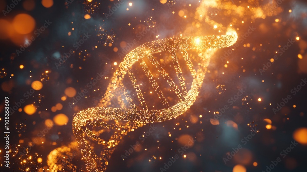 Poster glowing dna double helix in particle form.