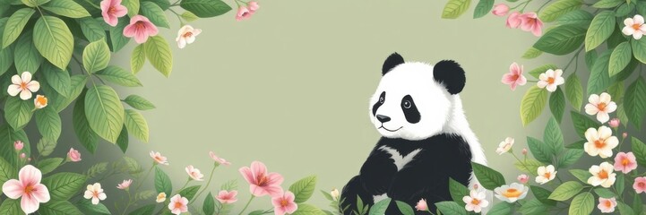 Obraz premium A cute panda bear sitting gracefully in the center of a beautiful floral frame, leaves, floral frame, nature