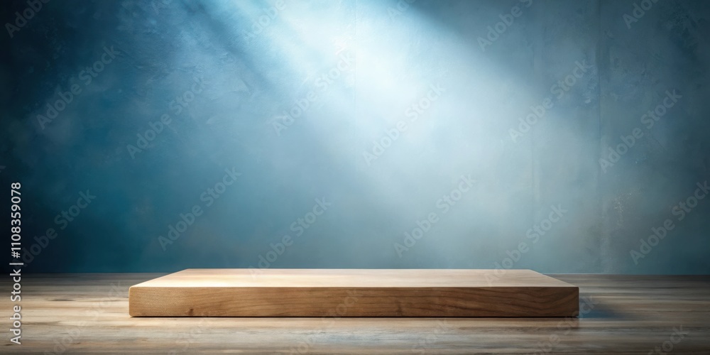 Poster a wooden platform set against a blue textured background with a soft light shining down