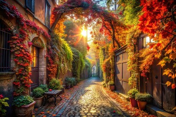 Fototapeta premium Surreal Autumn Alley, Colorful Fantasy, Dreamlike Photography