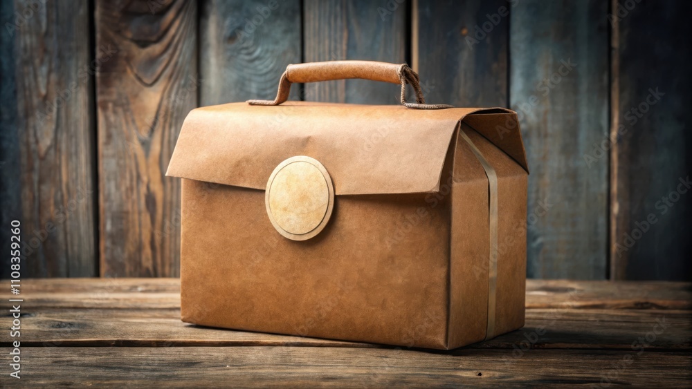 Aufkleber a rustic brown paper box with a leather handle and a circular label sitting on a wooden table
