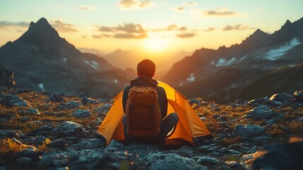 Obraz premium A lone hiker sitting at the entrance of their tent, gazing at a golden sunrise over towering mountain peaks, the morning light casting soft shadows and illuminating the rugged terrain,