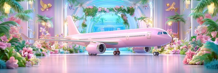Vibrant travel agency promotion with tropical floral elements and pink airplane