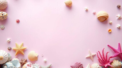 A pink background featuring a central pink square surrounded by shells and sea creatures, underwater, pink, decor