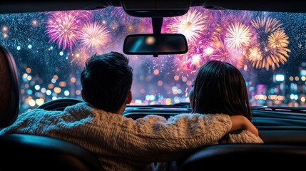 Couple watching fireworks display through car window on New Year’s Eve night
