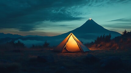 A tent glowing softly from within, with an adventurer gazing out at a volcano rising above the horizon under a moonlit sky, the gentle light highlighting the rugged terrain, cinematic tones,