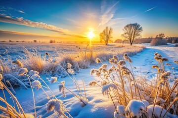 Winter Grassland Field, Scenic Landscape, Frozen Meadow, Snowy Prairie, Nature Photography,  AI Art