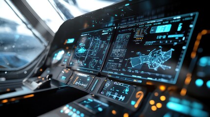 Fototapeta premium Futuristic aircraft cockpit with advanced digital displays and control panels.