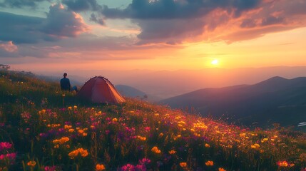 A tent perched on a hill, with a camper gazing at a valley alive with colorful wildflowers under a pastel-colored twilight sky, the serenity of the landscape creating a magical ambiance,