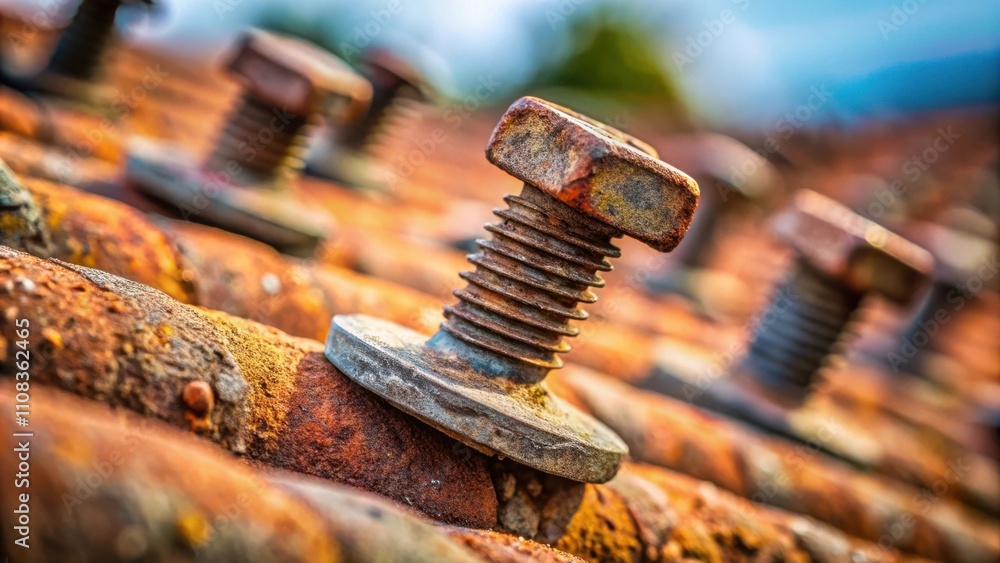 Aufkleber close-up of a rusty screw on a corroded metal surface, capturing the intricate details of the weathe