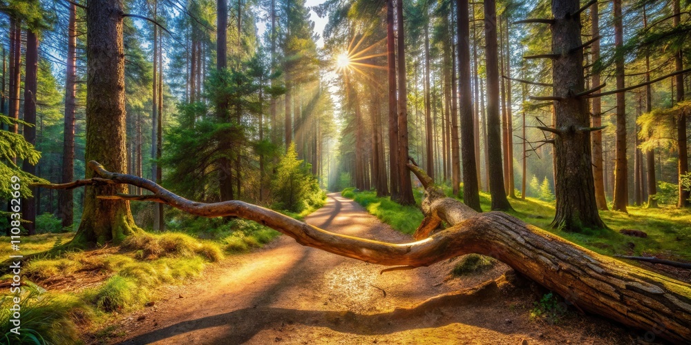 Poster A Sunlit Path Through a Forest, Illuminated by Golden Rays Streaming Through the Trees, with a Fallen Log Crossing the Way