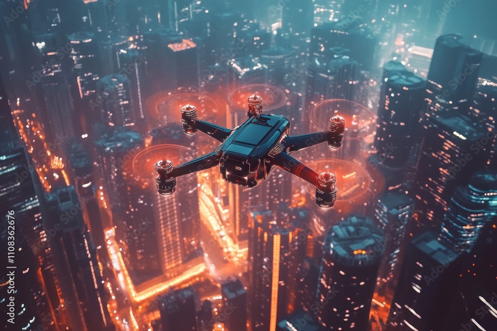 Poster here's a and keyword list for your stock photo.. futuristic drone soaring over a vibrant cityscape a