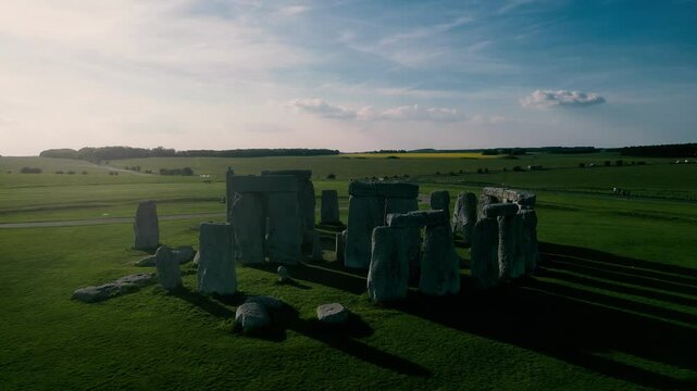 Drone view of Stonehenge and Wiltshire Countryside in England, UK. The stone circle dates to 3000 BC and is one of the best known ancient wonders of the world and UNESCO World Heritage Site.