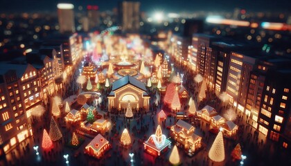 Christmas miniature with Tilt-Shift Photo effect. Christmas and New Year concept. Tilt-Shift effect of Christmas City night with many beautiful Christmas decorations and Christmas lights.