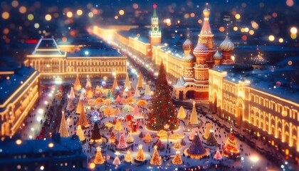 Christmas miniature with Tilt-Shift Photo effect. Christmas and New Year concept. Tilt-Shift effect of Christmas City night with many beautiful Christmas decorations and Christmas lights.