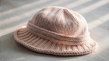 A soft pink knitted hat with a wide brim, meticulously crafted with intricate stitches, casting a gentle shadow on a light wooden surface.